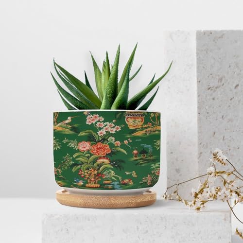 Vase Green Chinoiserie Planter Ceramic Daily Round Flower Pot with Drainage Holes and Bamboo Tray Pot for Indoor Outdoor Garden - Image 7