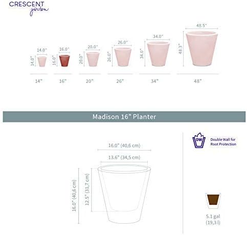 Crescent Garden Madison Planter– Weather-Resistant, Double Walled Indoor/Outdoor Plant Pot with Drain Hole – Durable All-Season Flower Container, 16" W (Bark) - Image 2