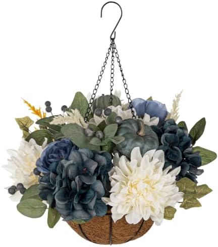 Hollyone 13" Fall Hanging Baskets Medium Pumpkins Hydrangea Dahlia Artificial Flowers Fall Hanging Decor Fake Flower Blue White Faux Plants Indoor Outdoor Porch Garden Autumn Decorations for Home by Hollyone