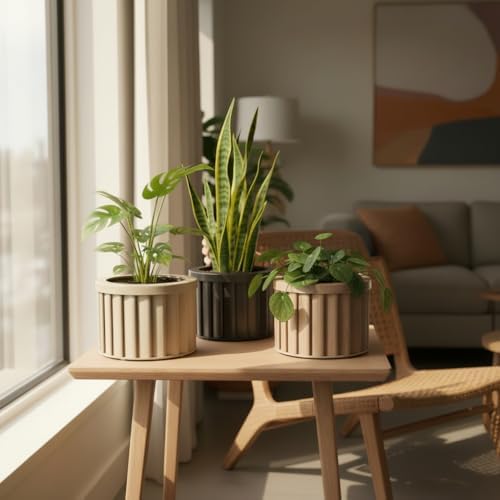 MD Round Strata Planter in Beige Brown - Ceramic Planter with Modern Aesthetic for Succulents and Small Plants - Image 7