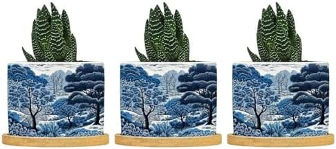 Blue and White Indigo Chinoiserie Ceramic Planters Navy Chinoiserie Pine Tree Snake Plant Live Indoor with Pot with Drainage Holes and Saucers Pot for Home Office Desk Garden by BRUYU5SE