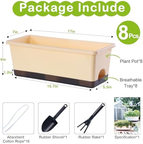 Oliz Window Box Planter 8 Pcs, 17 Inches Rectangle Flower Pots with Drainage Holes & Trays, Vegetable Planters for Windowsill Patio Garden Balcony Home Indoor Outdoor (Barley Yellow, 16 * 7 * 6 inch) - Image 5