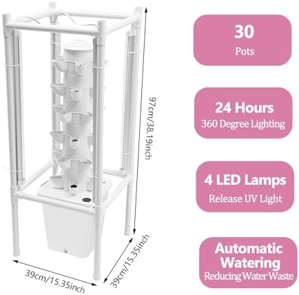 30-Plant Hydroponics Tower Vertical Growing System Kit, Indoor Garden Planter Herb Garden with LED Grow Light, Hose and Water Pump, Vertical Planter Germination Kit for Fruits Vegetables (White) - Image 6