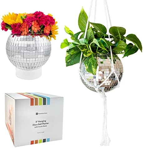 Disco Ball Planter 8" with Acrylic Base and Cotton Macrame Plant Hanger - for Home Décor, Room Décor, Boho Décor, Disco Decor by HavenstoneHome
