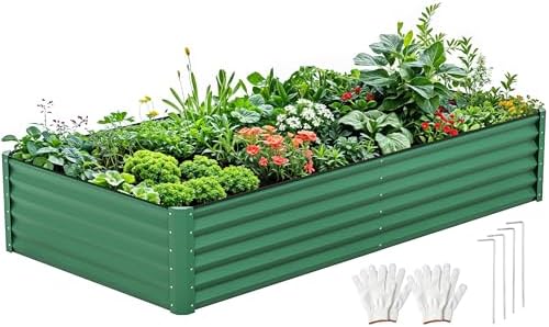 DWVO 8 x 4 x 1.5 FT Raised Garden Bed Kit, Outdoor Galvanized Flower Bed with Safety Rubber and Gloves, Large Metal Planter Box for Vegetables, Flowers, Herbs, Fruits, Green by DWVO