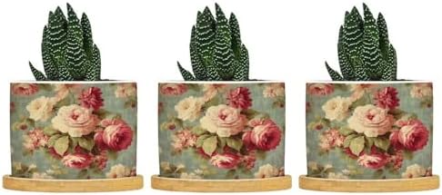 Watercolor Pink Roses Planter Ceramic Romantic Flower Round Flower Pot with Drainage Holes and Bamboo Tray Pot for Pots Outdoor Indoor Plants by BRUYU5SE