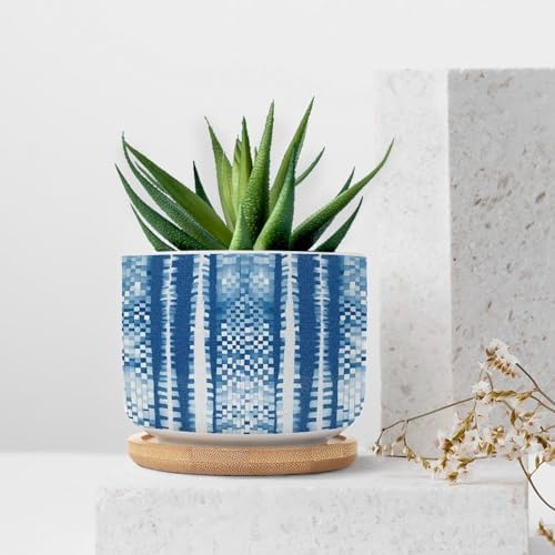 Animal Planters Ceramic White Blue Animal Strip Round Flower Pots with Drainage Holes and Bamboo Tray Pot for Indoor Outdoor Garden - Image 7