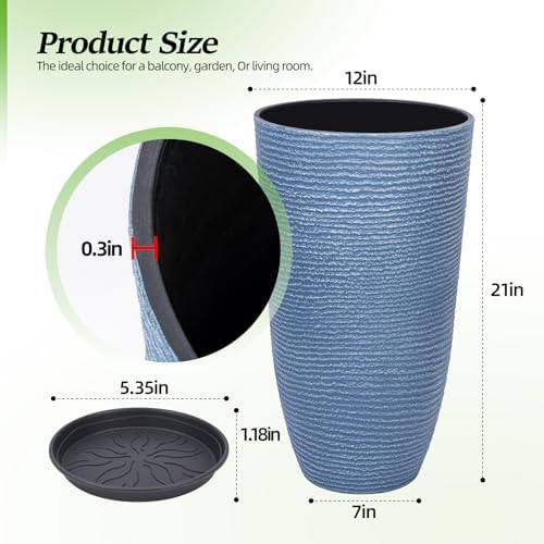 QCQHDU Set of 2 9 Gallon Tall Large planters for Outdoor/Indoor Plants of 12" Dia x 21" H Round Flower Pots Set Faux Stone Finish Front Door Patio Square Porch Planters with Tray, Sky Blue - Image 2