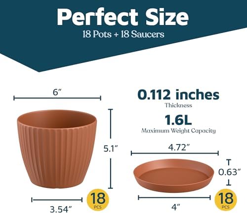 Terracotta 6-Inch Plant Pots with Drainage & Saucers 18 Pack, Indoor & Outdoor Planters for Houseplants, Herbs, and Flowers, Durable & Weatherproof Material, Stackable, Lightweight, Minimalist Design - Image 2