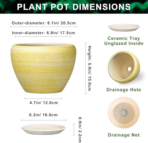 Ceramic Plant Pots, 8 Inch Planter with Drainage, Textured Yellow - Image 2