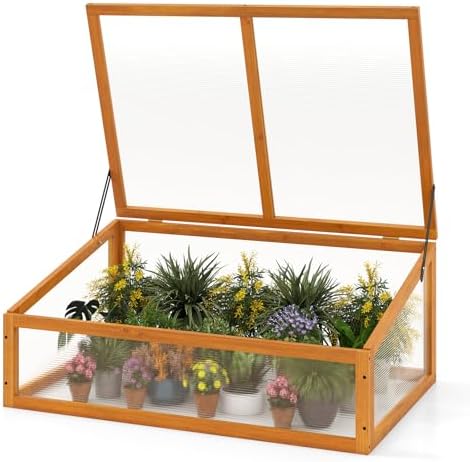 Giantex Wood Cold Frame Greenhouse, Portable Raised Planter Bed Protection with Transparent Flip-top Roof, Small Indoor Outdoor Hot House for Garden Sunroom Balcony, 37”x25”x16” by Giantex