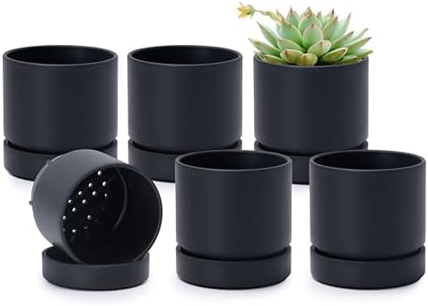 Phoenix Vine 4 Inch Planter Pot with Drainage Hole & Saucer, Deep Water Catch Tray, Straight Cylindrical Round Pot for Plants, Matte Black, Pack of 6, 23-C-R-6 by Phoenix+Vine