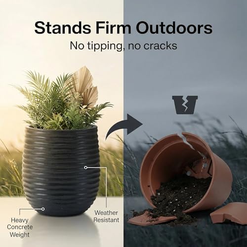 15”+11”+7.9” Dia Concrete Planter Set of 3, Wavy Textured Black Flowerpot - Image 6