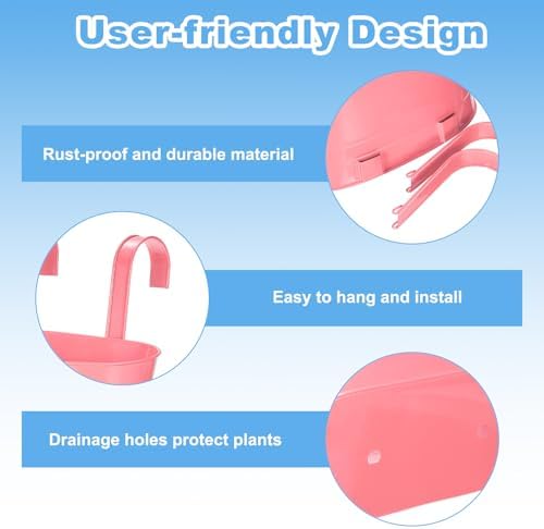 uxcell Rail Planter for Outdoor Plants, 4 Pcs 11" Iron Wall Hanging Planters Fence Railing Balcony Planters with Drainage Holes and Detachable Hooks, Pink - Image 4