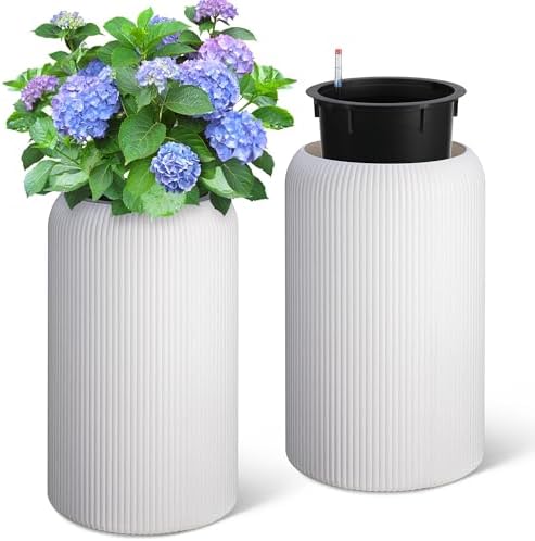 Hipicute 29 Inch Tall Self Watering Pots Set of 2 with Water Level Monitor, Tall Planters for Indoor and Outdoor Plants, Flower Pots for Living Room, Bedroom, Office, Patio, Porch, Garden, White by Hipicute