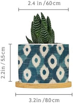 Blue and Ikat Bukhara Planter Ceramic Antique Ikat in Teal Round Plant Pots with Drainage Holes and Bamboo Tray Pot for Home Office Decoration - Image 2