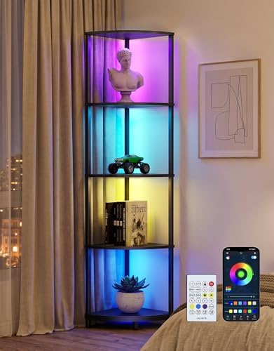 PARTPHONER Corner Shelf with LED Light, 5 Tier Smart Color Changing Floor Lamp with Remote, 62" Display Shelf Bookshelf Narrow Storage Rack Standing Lamp for Living Room Bedroom Home Office Décor by PARTPHONER