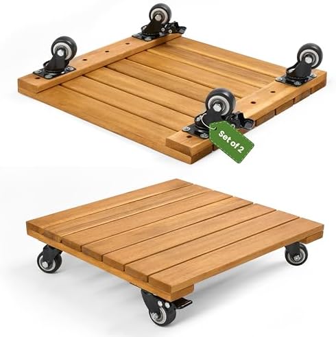 Jurax 2Pcs Wood Plant Caddy, Rolling Plant Stand, Square, Golden Teak by Jurax