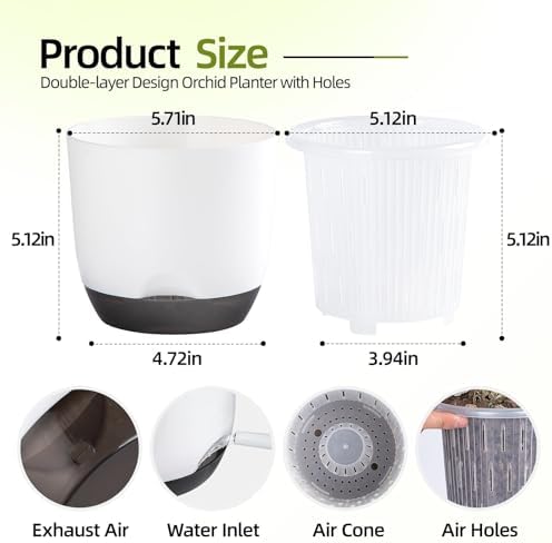 5.7Inch White Orchid Pots with Holes for Repotting, Double-Layer Plastic Self Watering Flower Pots for Indoor Plants with Drainage Holes, Clear Orchid Pot Match Decorative Orchid Container, 5 Packs - Image 2