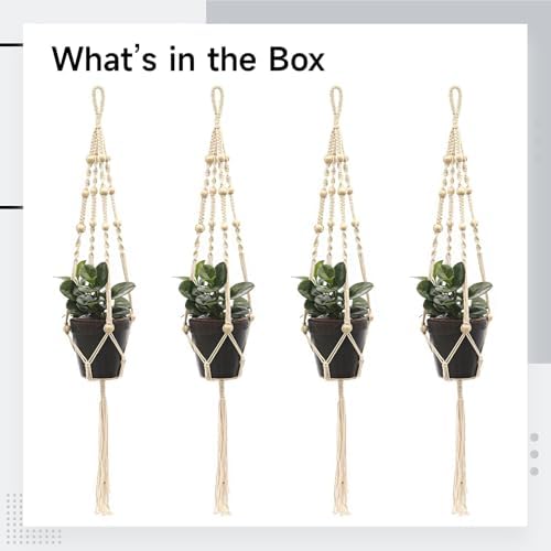 Wooden Beads Macrame Plant Hangers 39.4 in, Cotton Rope, 4 Pcs for Indoor & Outdoor, Small Succulent Pots Use - Image 3