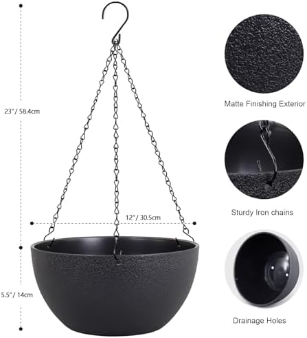 Meowell 12 inch Large Hanging Planters for Indoor Outdoor Plants, 2 Pack Hanging Flower Pots with Drainage Holes and Chain for Garden Porch, Plastic Hanging Baskets for House Plants, Black - Image 2