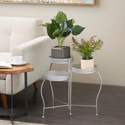 Deco 79 Metal Indoor Outdoor Plantstand Curved Folding 3 Tier Plant Shelf with Floral and Scroll Patterns, Plant Stand 17" x 17" x 20", Silver - Image 2