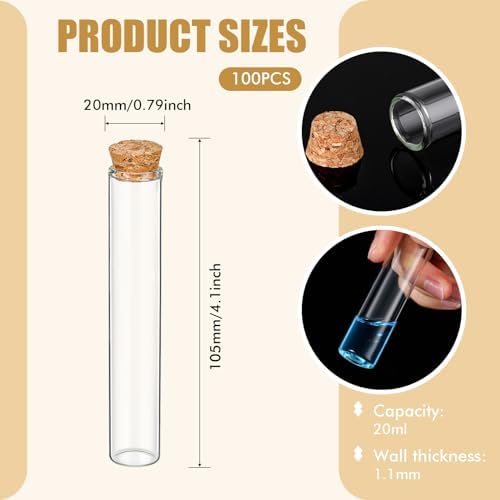 Thyle 100 Pcs Glass Test Tubes with Cork, 20ml Clear 20x105mm Flat Bottom - Image 2