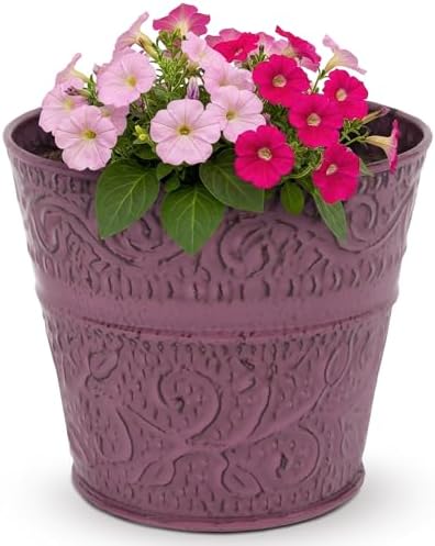 Headwind IronLite Ensley – 8" Plum Decorative Metal Planter with High‑Gloss Embossed Design – Indoor Plant Pot with Drainage Hole & Modern Round Style for Home & Outdoor Use by Robert Allen by Headwind