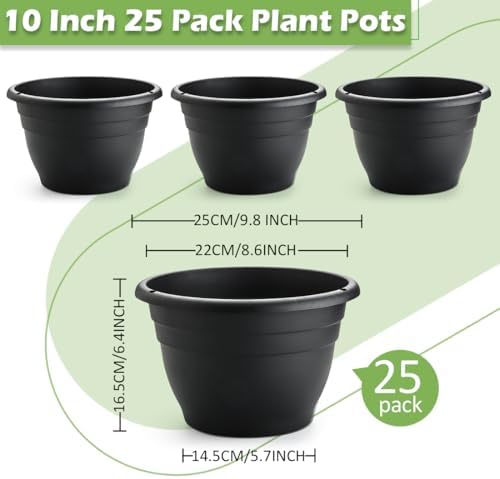 RooTrimmer 25 Pack 10 Inch Plant Pots with Drainage Holes,Black Plastic Flower Pots for Indoor & Outdoor Plants,Durable Lightweight Planters for Flowers,Herbs & Gardening - Image 2