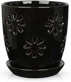 Oairse 6 inch Orchid Pots with Holes, Black Ceramic Orchid Pot for Repotting Small Indoor Plant Pots with Drainage Holes and Saucers Decorative Flower Planter for Orchids, Indoor Plant by Oairse