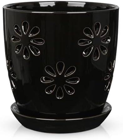 Oairse 6 inch Orchid Pots with Holes, Black Ceramic Orchid Pot for Repotting Small Indoor Plant Pots with Drainage Holes and Saucers Decorative Flower Planter for Orchids, Indoor Plant by Oairse