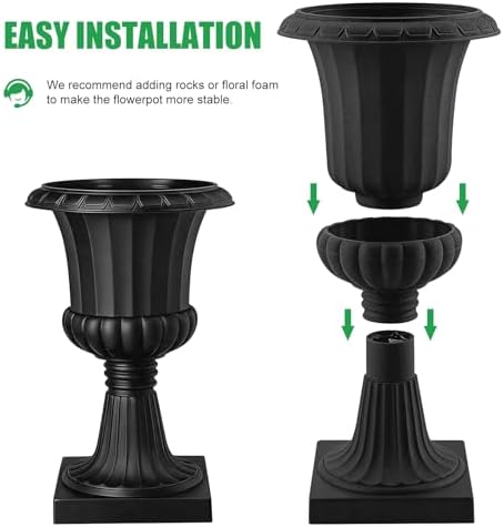 YOXIER 2/4 Pieces 20 Inch Tall Plastic Urn, Classic Round Flower Pots, Elegant Front Porch Decor, Large Planters for Outdoor Plants, Artificial Yard Greenery, Entryway Display Black 2 PCS - Image 4