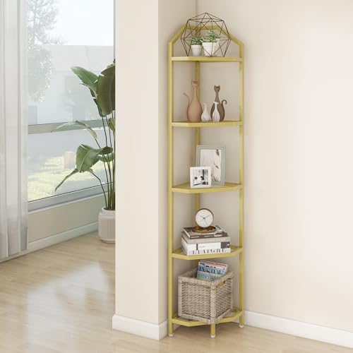 5-Tier Corner Shelf Stand, Gold Corner Bookshelf, Bathroom Storage Rack Shelf, Plant Rack, Tempered Glass, Steel Frame, Modern Style for Living Room, Bathroom, Kitchen, Metallic Gold - Image 2