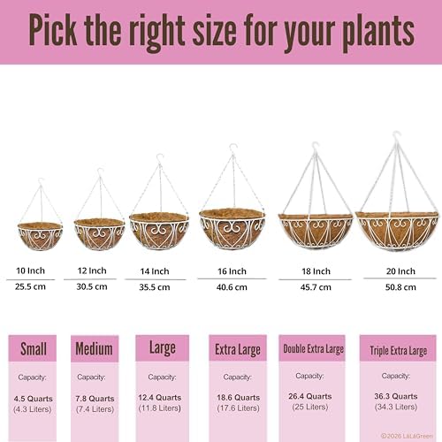 LaLaGreen Porch Hanging Baskets (16 in, 4 Pack) White Metal Coco Liner Pots - Image 3