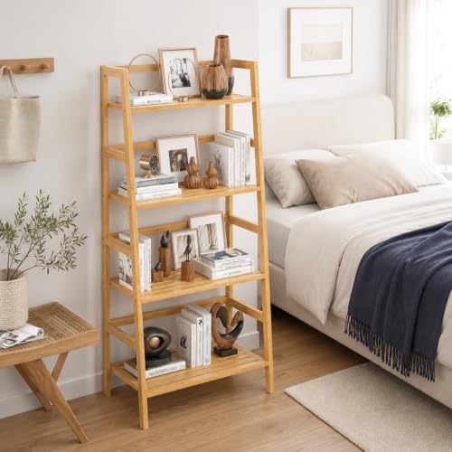 Bamboo Ladder Shelf, 4-Tier Wooden Ladder Bookshelf & Bookcase Organizer - Image 3