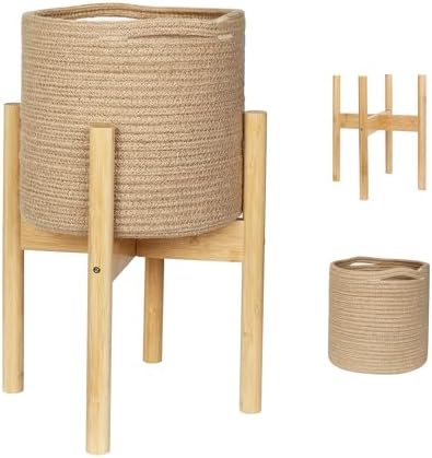 Plant Basket with Stand, Indoor Round Wicker Basket Plant with Bamboo Wood Stand, Decorative Woven Rope Flower Indoor Planter with Legs, Boho Bamboo Wood Planter Holder (Jute) by Unknown