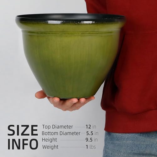 Worth Garden 12-Inch Dia. Round Green Plastic Planters with Drain Holes, 9.5-Inch Height - 4-Pack Glossy Finish Bell-Shaped Plant Pot – Lightweight Indoor/Outdoor Flower Pots - Image 6