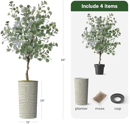 Artificial Tree in Geometric Pattern Planter, Fake Eucalyptus Silk Tree for Indoor and Outdoor Home Decoration - 66" Overall Tall (Plant Pot Plus Tree) - Image 3