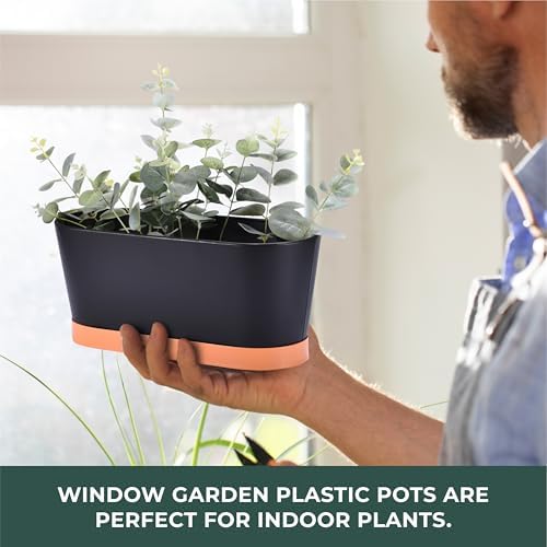 Window Garden Window Boxes Planters - 2-Pack Rectangular Planter - Window Sill Planter Box - Plastic Plant Pot with Water Level Indicator, Drainage Holes, and Trays - Image 4