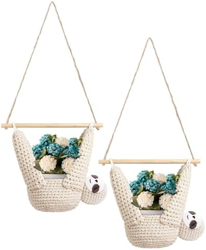 2Pcs Macrame Plant Hanger Crochet Sloth Hanging Planter Sloth Gifts,5 Inch Animal Wall Hanging Plant Holder for Plant Sloth Lovers, Home Decor Indoor Outdoor Plants Succulent Gifts (2) by MANOPAWS