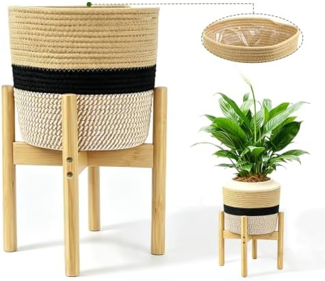 10in Boho Plant Basket with Stand,Indoor Woven Basket Holder by Gavinjitao