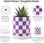 Checkered Ceramic Planter Pot with Drainage Hole and Saucer, Black and White Planters Decor,Indoor Cylinder Round Planter Pot (Purple, Medium) - Image 4