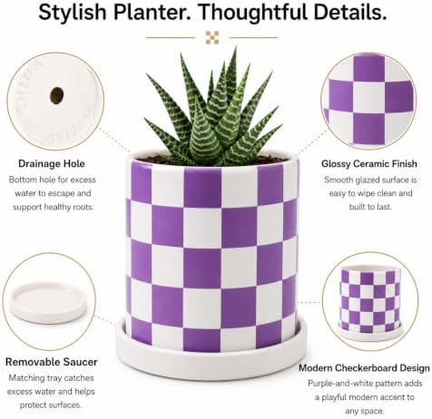 Checkered Ceramic Planter Pot with Drainage Hole and Saucer, Black and White Planters Decor,Indoor Cylinder Round Planter Pot (Purple, Medium) - Image 4