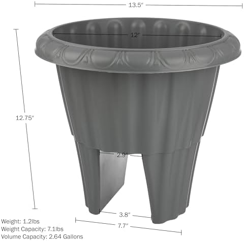 Railing Planter - 13.5-Inch Round Flower Box with Drainage Insert - 2.64-Gallon Outdoor Planter Box for Deck, Porch, or Balcony by Pure Garden (Gray) - Image 2