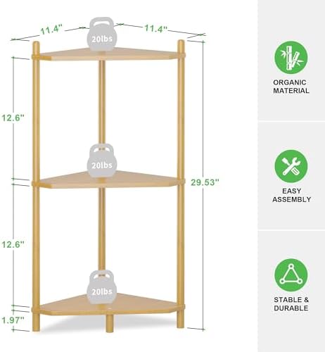 Wisuce Natural Small Corner Shelf Stand, 3-Tier Bamboo Corner Bookshelf - Image 2