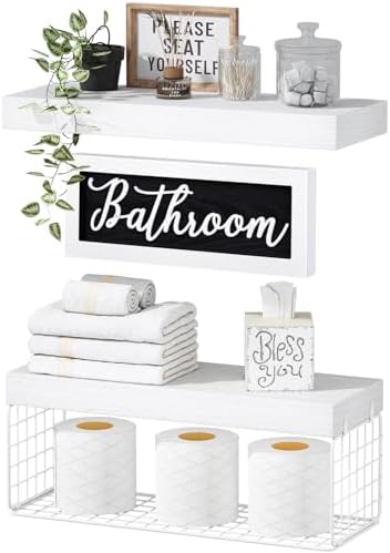 QEEIG ‎Bathroom Shelves with Decor Sign (White, 15.7") by QEEIG