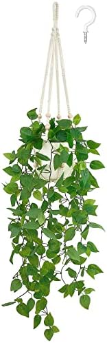 Mkono Macrame Plant Hangers Indoor 35"/29"/23" Hanging Planter Holder Set of 3 and Fake Hanging Plant with Pot Set of 1 by Mkono