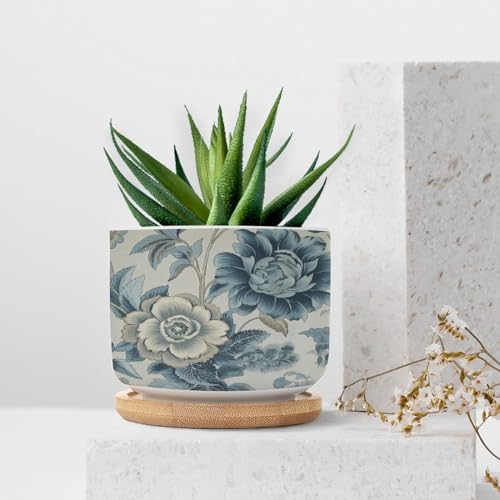 On Flax Blue Chinoiserie Planters Ceramic Blue Grey Asian Flower Round Plant Pots with Drainage Holes and Bamboo Tray Pot for Outdoor Garden Home Plant - Image 7