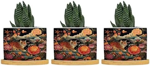 Animal Tiger Stripe Chinoiserie Planters Ceramic Orange and Coral Peony Flower Round Flower Pot with Drainage Holes and Bamboo Tray Pot for Home Office Desk Garden by BRUYU5SE