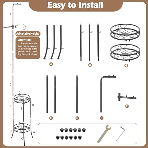 CZWL&HG Hanging Plant Stand Adjustable 2-Tier 72" Metal Shelf -Tall Indoor/Outdoor Plant Rack with Hangers for 4 Potted Flowers, Corner Shelf for Living Room & Patio (White) - Image 3